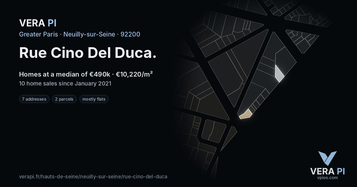 Rue Cino Del Duca, Neuilly-sur-Seine at night – every parcel coloured by the prices around it, the street's own parcels lit