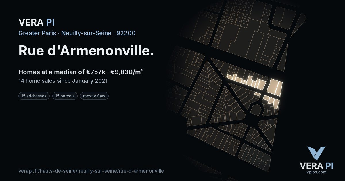 Rue d'Armenonville, Neuilly-sur-Seine at night – every parcel coloured by the prices around it, the street's own parcels lit