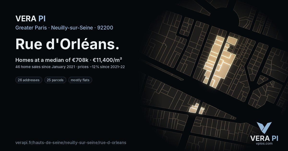 Rue d'Orléans, Neuilly-sur-Seine at night – every parcel coloured by the prices around it, the street's own parcels lit