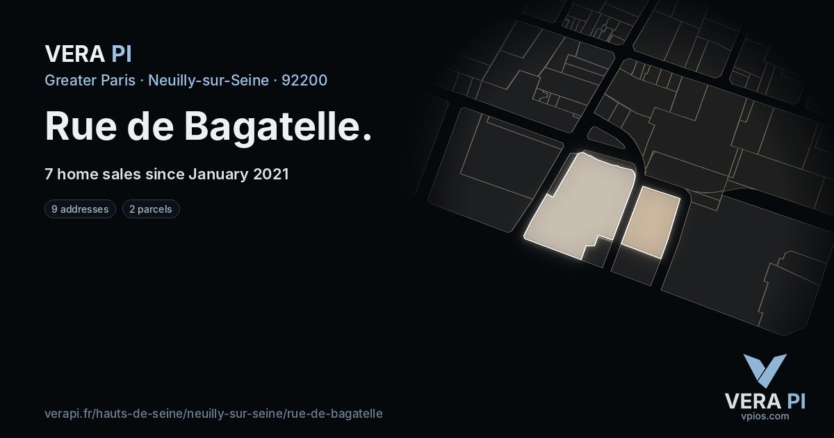 Rue de Bagatelle, Neuilly-sur-Seine at night – every parcel coloured by the prices around it, the street's own parcels lit