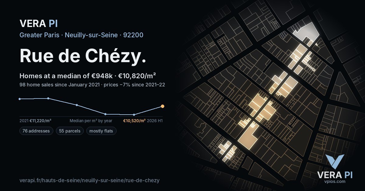 Rue de Chézy, Neuilly-sur-Seine at night – every parcel coloured by the prices around it, the street's own parcels lit