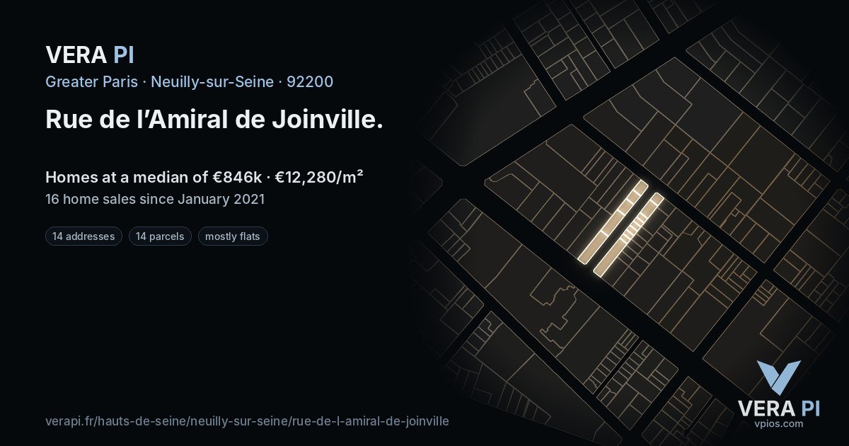 Rue de l’Amiral de Joinville, Neuilly-sur-Seine at night – every parcel coloured by the prices around it, the street's own parcels lit