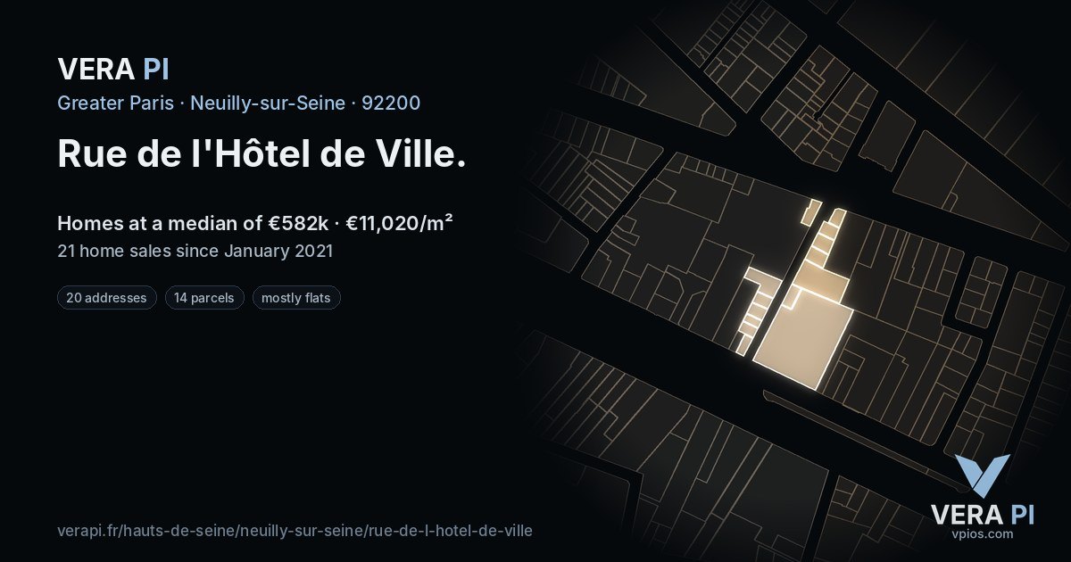 Rue de l'Hôtel de Ville, Neuilly-sur-Seine at night – every parcel coloured by the prices around it, the street's own parcels lit