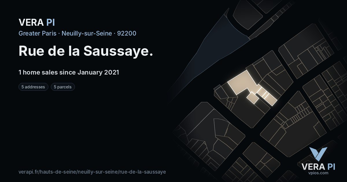 Rue de la Saussaye, Neuilly-sur-Seine at night – every parcel coloured by the prices around it, the street's own parcels lit