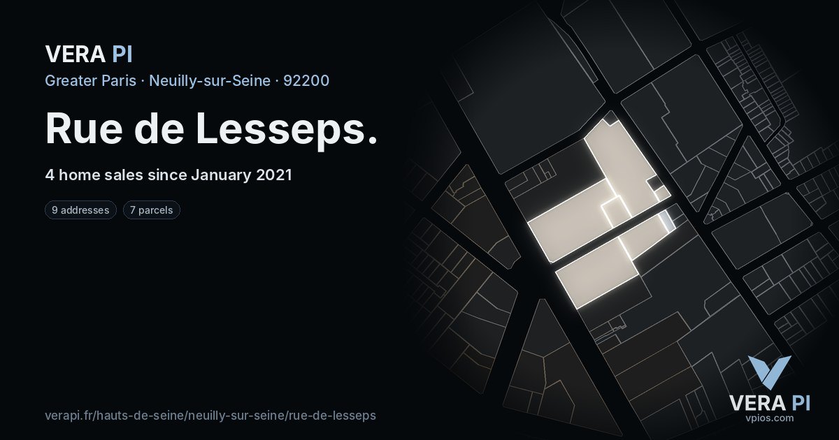 Rue de Lesseps, Neuilly-sur-Seine at night – every parcel coloured by the prices around it, the street's own parcels lit