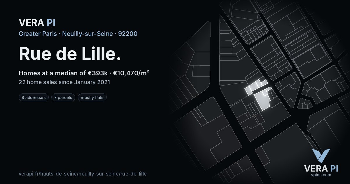 Rue de Lille, Neuilly-sur-Seine at night – every parcel coloured by the prices around it, the street's own parcels lit