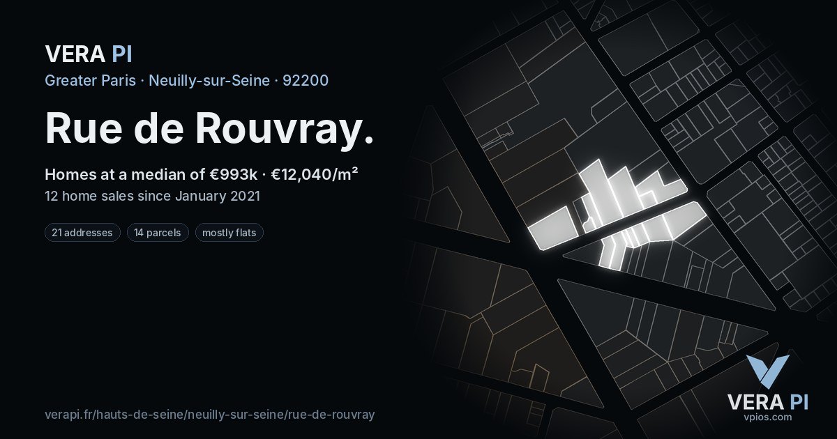 Rue de Rouvray, Neuilly-sur-Seine at night – every parcel coloured by the prices around it, the street's own parcels lit