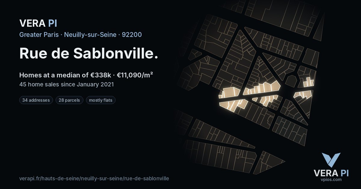 Rue de Sablonville, Neuilly-sur-Seine at night – every parcel coloured by the prices around it, the street's own parcels lit