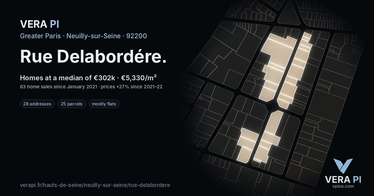 Rue Delabordére, Neuilly-sur-Seine at night – every parcel coloured by the prices around it, the street's own parcels lit
