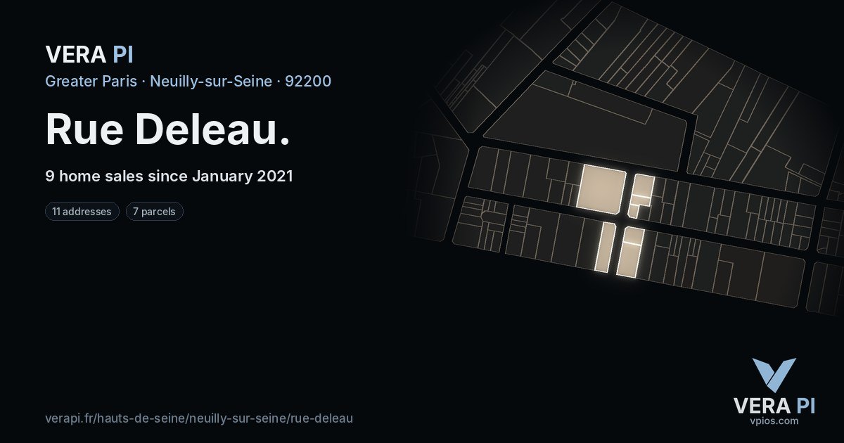 Rue Deleau, Neuilly-sur-Seine at night – every parcel coloured by the prices around it, the street's own parcels lit