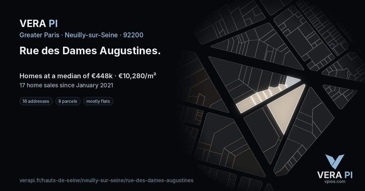 Rue des Dames Augustines, Neuilly-sur-Seine at night – every parcel coloured by the prices around it, the street's own parcels lit