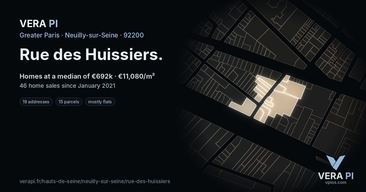 Rue des Huissiers, Neuilly-sur-Seine at night – every parcel coloured by the prices around it, the street's own parcels lit