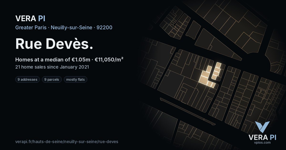 Rue Devès, Neuilly-sur-Seine at night – every parcel coloured by the prices around it, the street's own parcels lit
