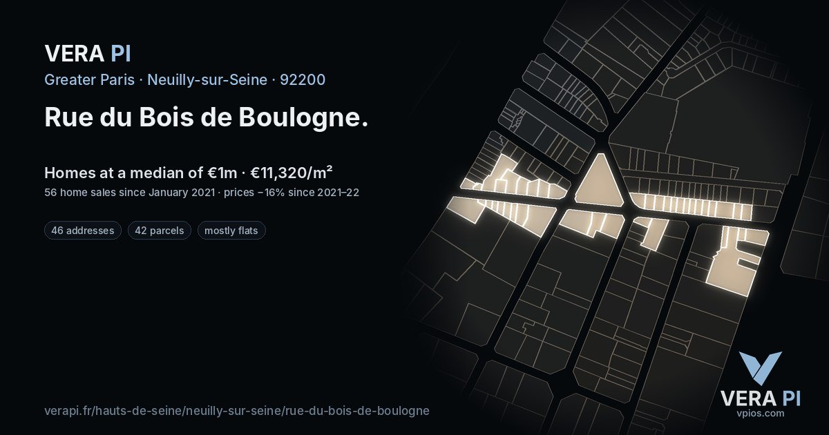 Rue du Bois de Boulogne, Neuilly-sur-Seine at night – every parcel coloured by the prices around it, the street's own parcels lit