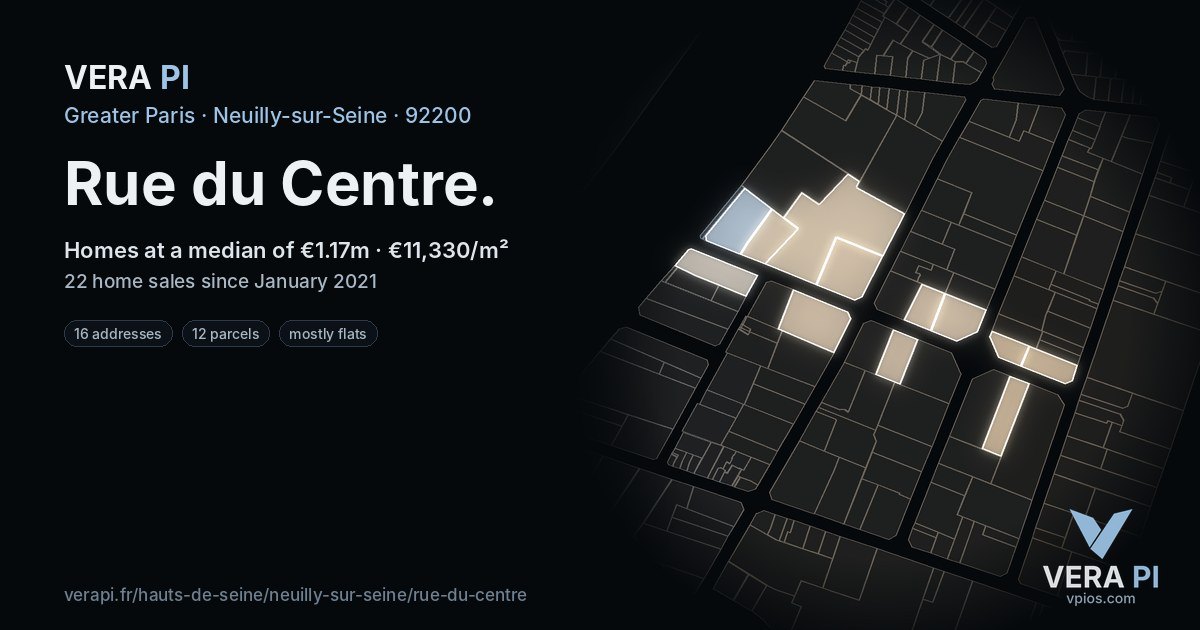 Rue du Centre, Neuilly-sur-Seine at night – every parcel coloured by the prices around it, the street's own parcels lit