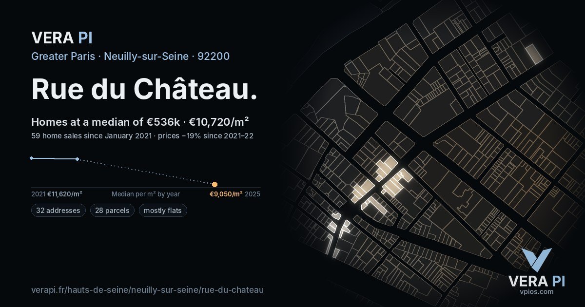 Rue du Château, Neuilly-sur-Seine at night – every parcel coloured by the prices around it, the street's own parcels lit