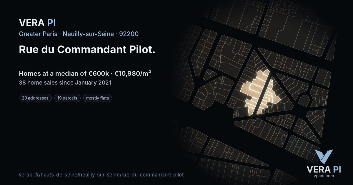 Rue du Commandant Pilot, Neuilly-sur-Seine at night – every parcel coloured by the prices around it, the street's own parcels lit