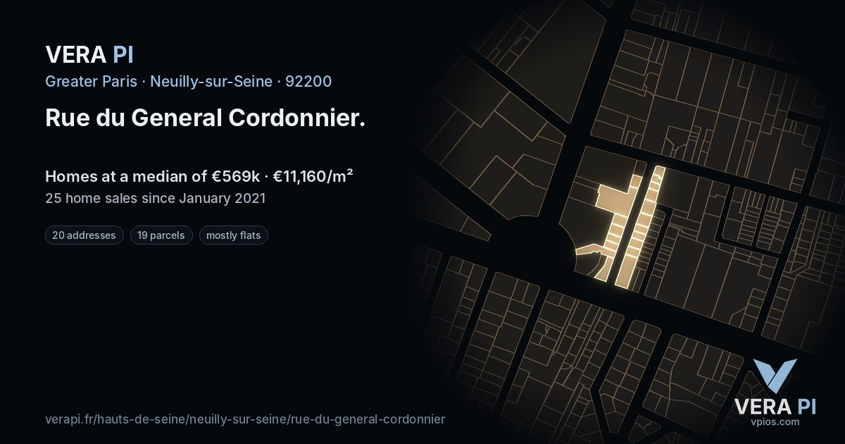 Rue du General Cordonnier, Neuilly-sur-Seine at night – every parcel coloured by the prices around it, the street's own parcels lit