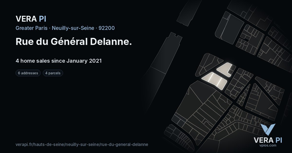 Rue du Général Delanne, Neuilly-sur-Seine at night – every parcel coloured by the prices around it, the street's own parcels lit