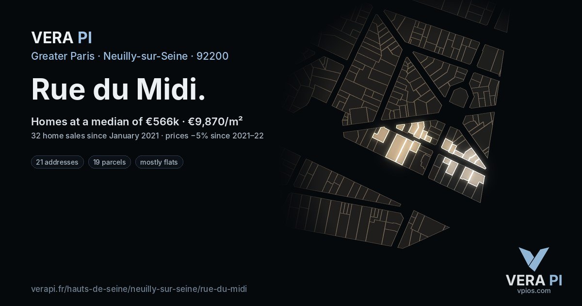 Rue du Midi, Neuilly-sur-Seine at night – every parcel coloured by the prices around it, the street's own parcels lit