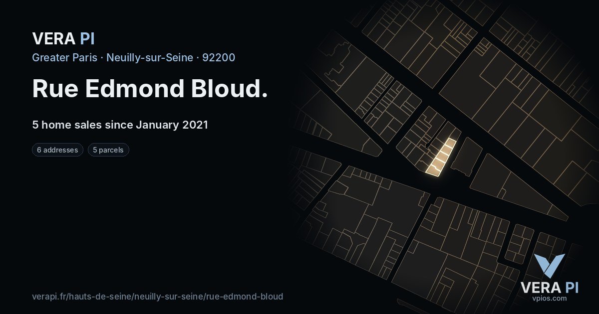 Rue Edmond Bloud, Neuilly-sur-Seine at night – every parcel coloured by the prices around it, the street's own parcels lit