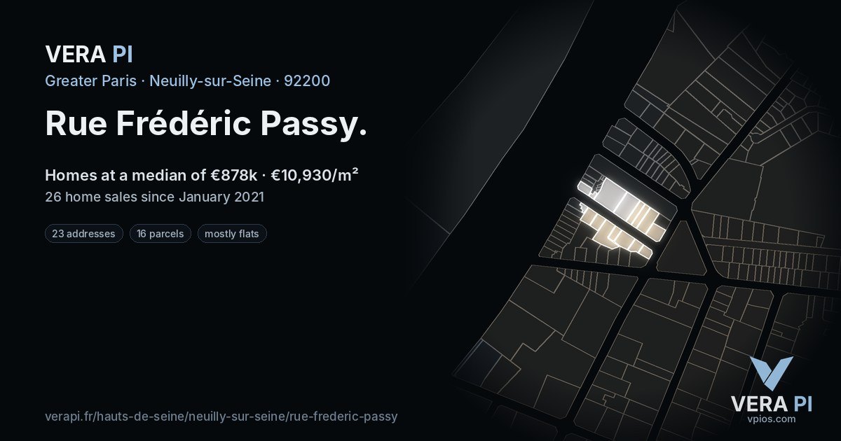 Rue Frédéric Passy, Neuilly-sur-Seine at night – every parcel coloured by the prices around it, the street's own parcels lit