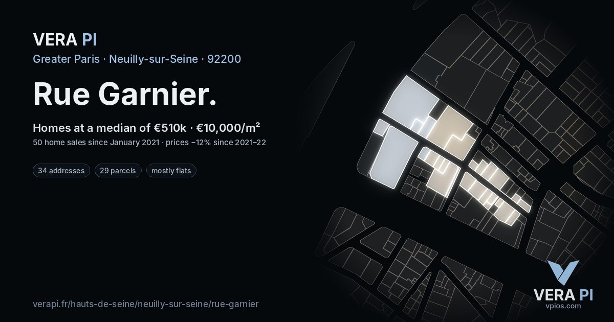 Rue Garnier, Neuilly-sur-Seine at night – every parcel coloured by the prices around it, the street's own parcels lit