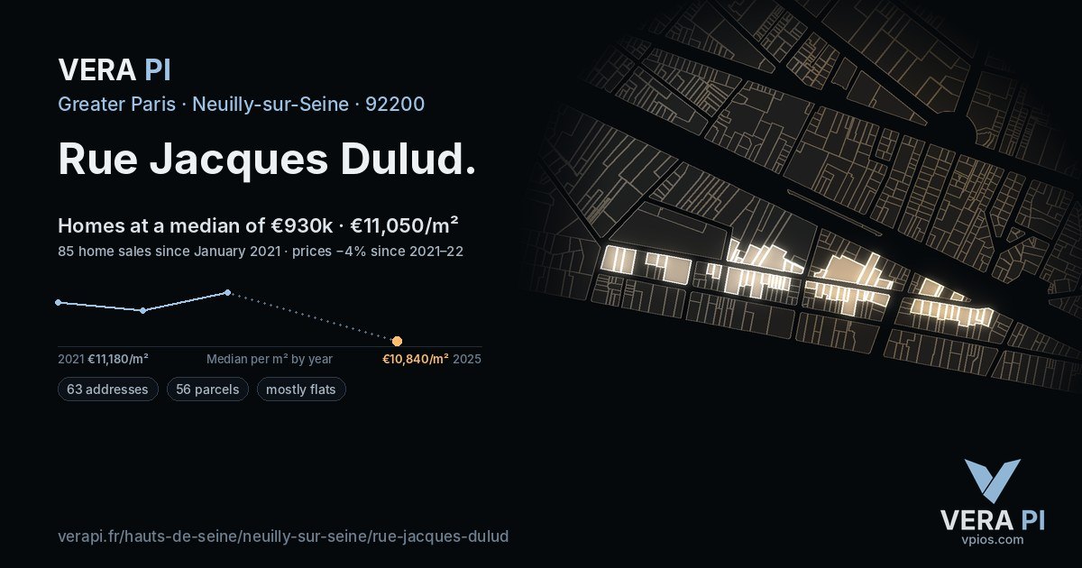 Rue Jacques Dulud, Neuilly-sur-Seine at night – every parcel coloured by the prices around it, the street's own parcels lit