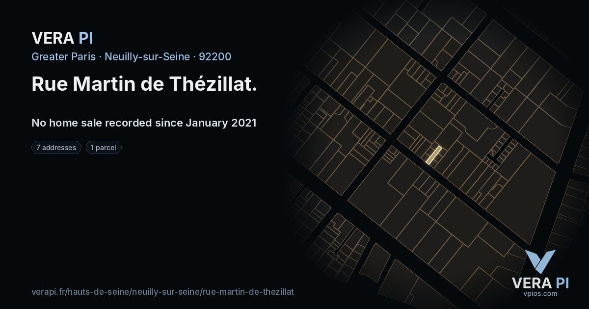 Rue Martin de Thézillat, Neuilly-sur-Seine at night – every parcel coloured by the prices around it, the street's own parcels lit