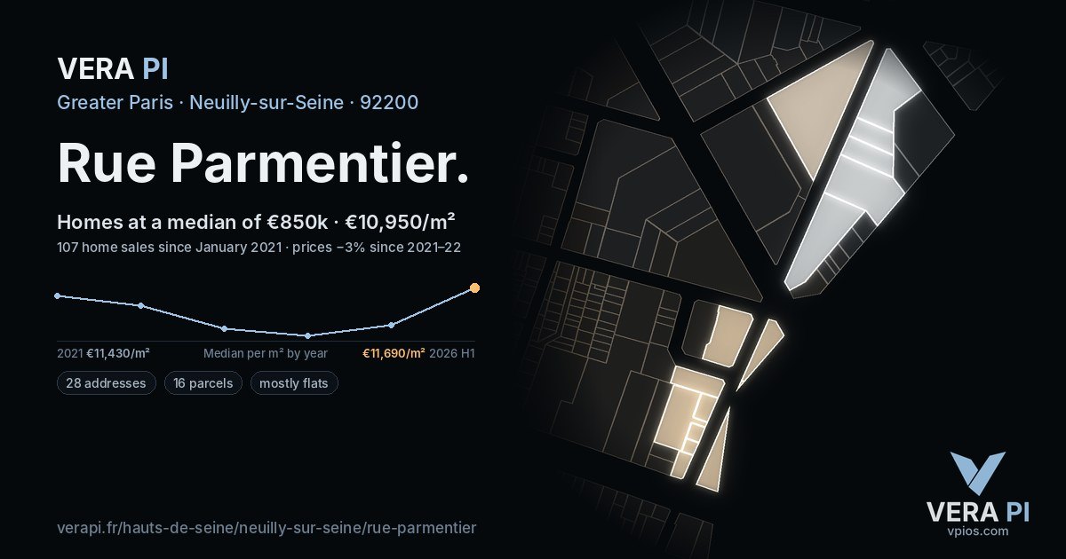 Rue Parmentier, Neuilly-sur-Seine at night – every parcel coloured by the prices around it, the street's own parcels lit