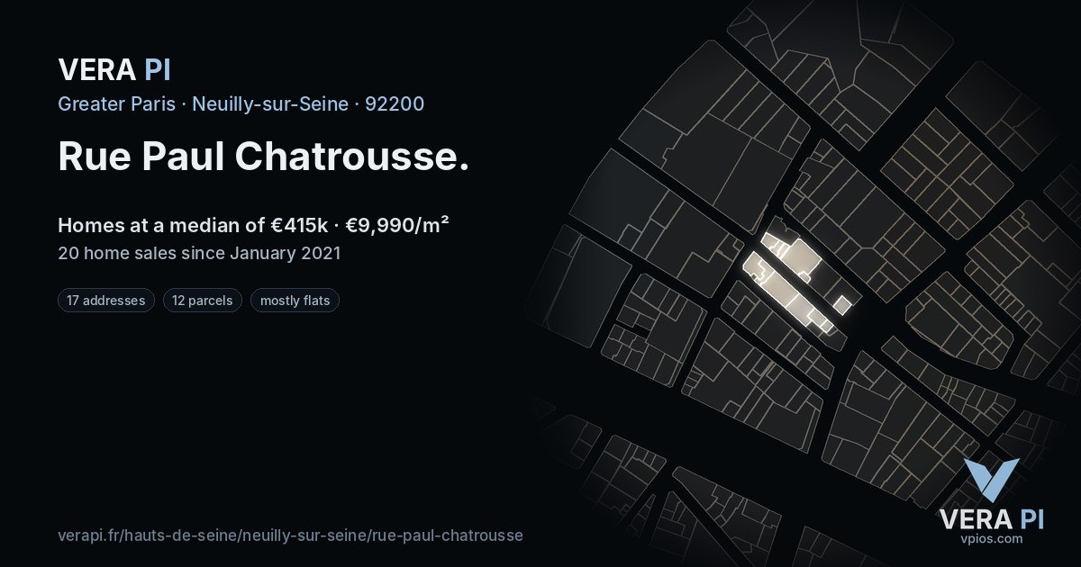 Rue Paul Chatrousse, Neuilly-sur-Seine at night – every parcel coloured by the prices around it, the street's own parcels lit