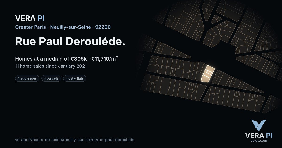 Rue Paul Derouléde, Neuilly-sur-Seine at night – every parcel coloured by the prices around it, the street's own parcels lit