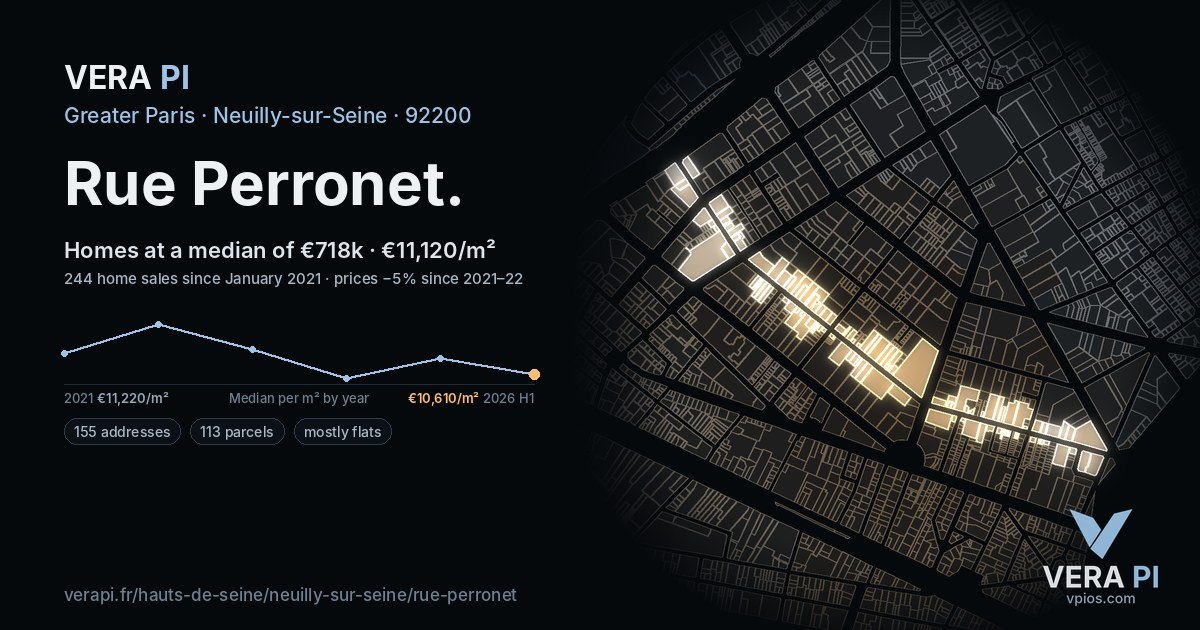 Rue Perronet, Neuilly-sur-Seine at night – every parcel coloured by the prices around it, the street's own parcels lit