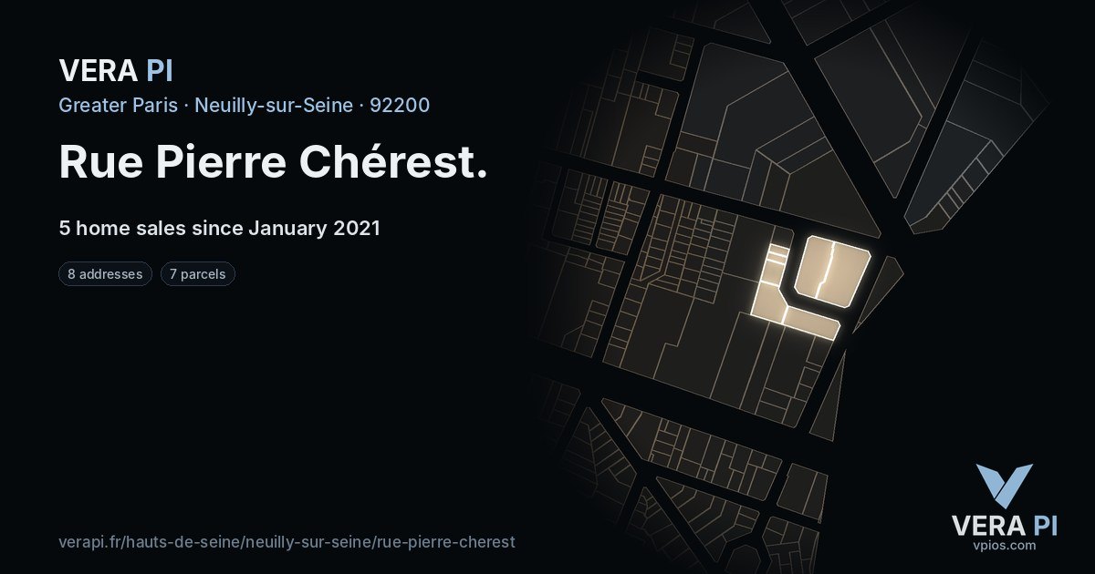 Rue Pierre Chérest, Neuilly-sur-Seine at night – every parcel coloured by the prices around it, the street's own parcels lit
