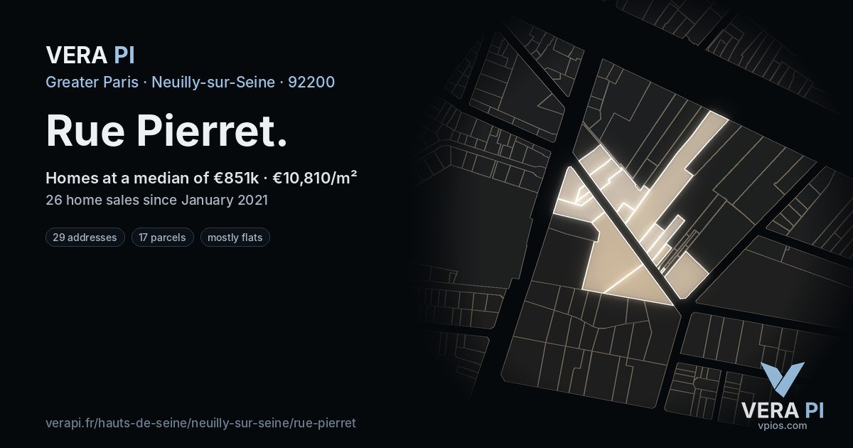 Rue Pierret, Neuilly-sur-Seine at night – every parcel coloured by the prices around it, the street's own parcels lit