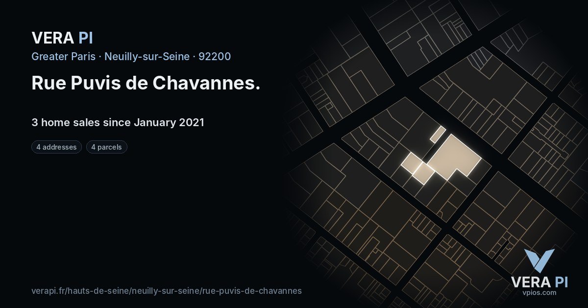 Rue Puvis de Chavannes, Neuilly-sur-Seine at night – every parcel coloured by the prices around it, the street's own parcels lit