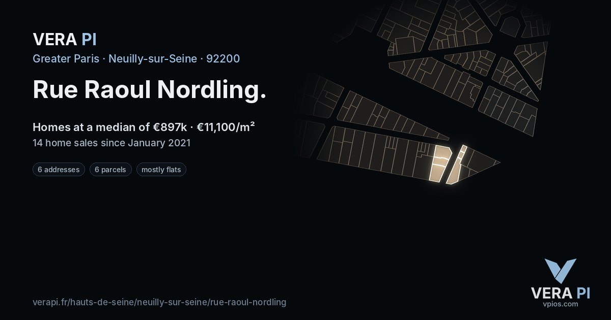 Rue Raoul Nordling, Neuilly-sur-Seine at night – every parcel coloured by the prices around it, the street's own parcels lit