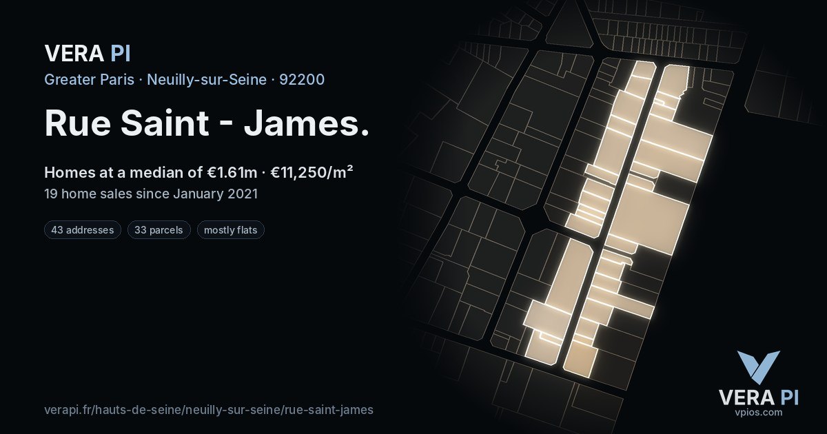 Rue Saint - James, Neuilly-sur-Seine at night – every parcel coloured by the prices around it, the street's own parcels lit