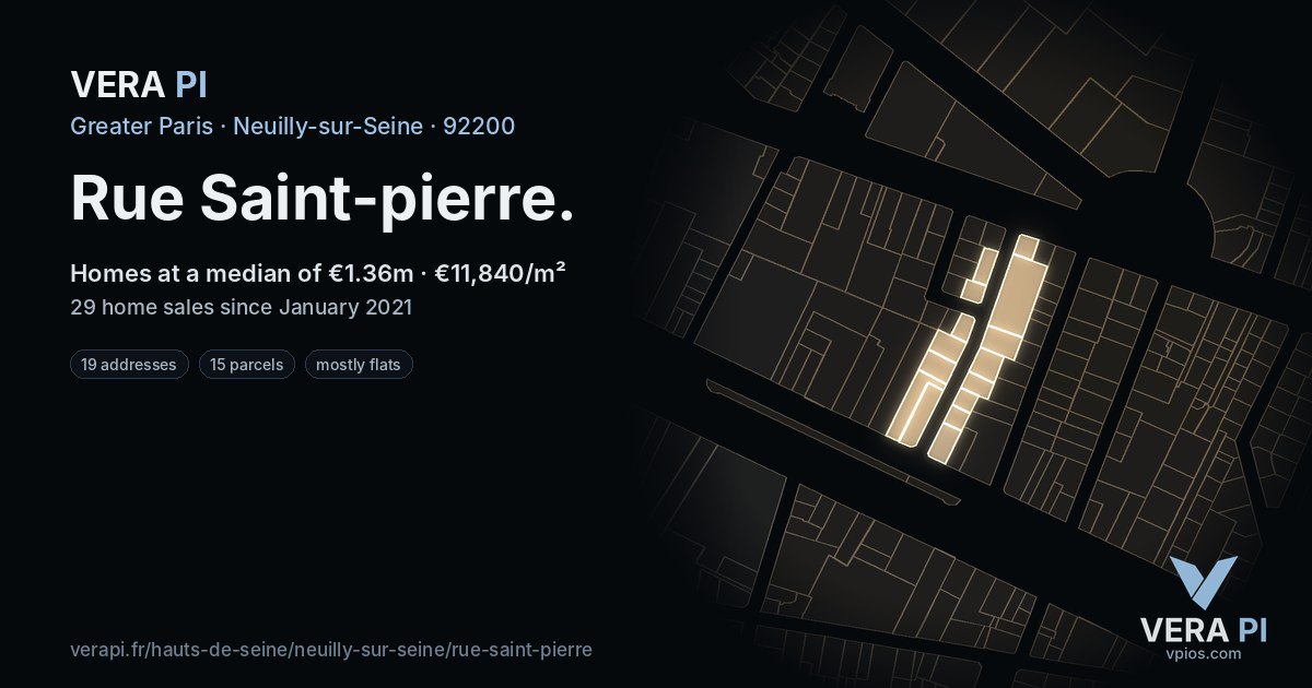 Rue Saint-pierre, Neuilly-sur-Seine at night – every parcel coloured by the prices around it, the street's own parcels lit