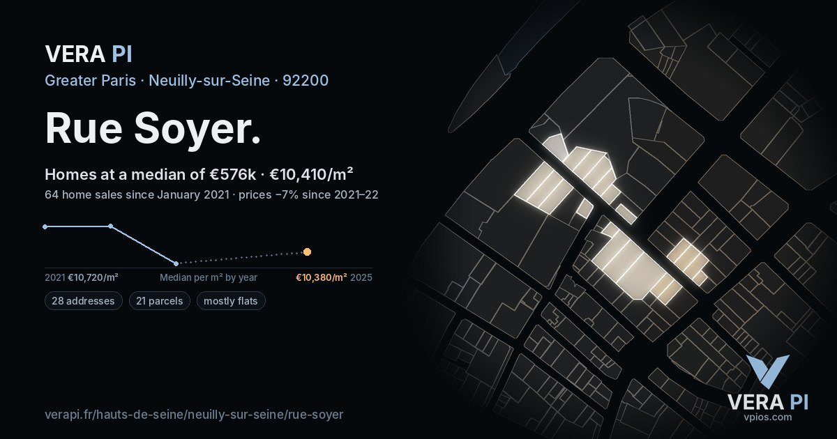 Rue Soyer, Neuilly-sur-Seine at night – every parcel coloured by the prices around it, the street's own parcels lit