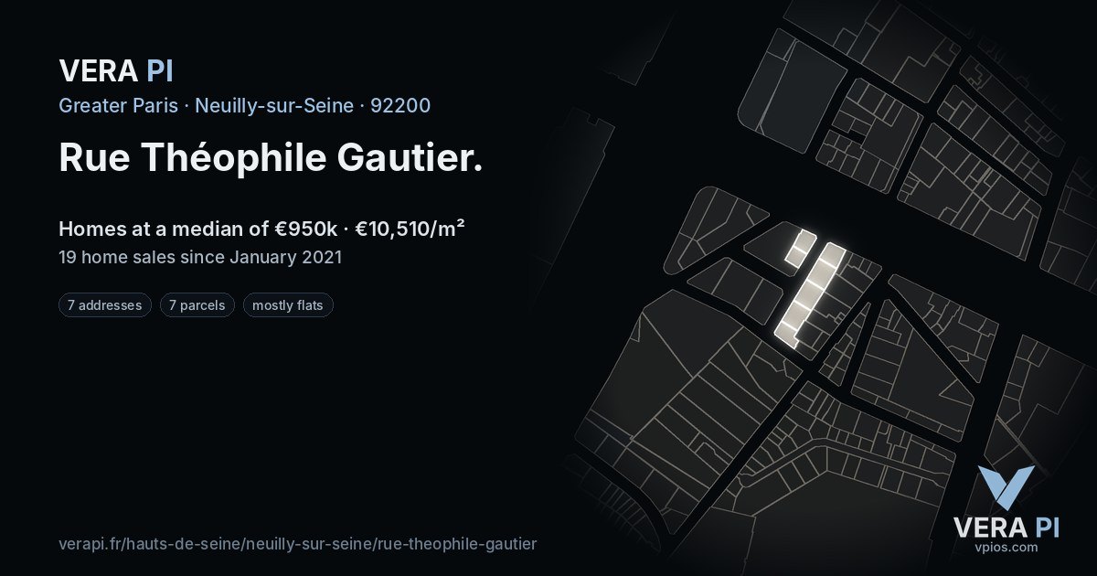 Rue Théophile Gautier, Neuilly-sur-Seine at night – every parcel coloured by the prices around it, the street's own parcels lit