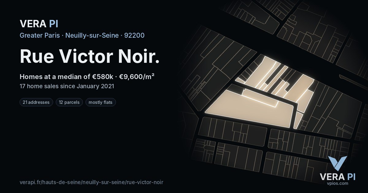 Rue Victor Noir, Neuilly-sur-Seine at night – every parcel coloured by the prices around it, the street's own parcels lit