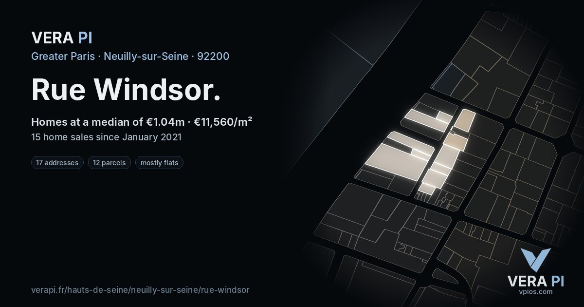 Rue Windsor, Neuilly-sur-Seine at night – every parcel coloured by the prices around it, the street's own parcels lit