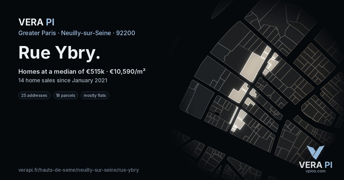 Rue Ybry, Neuilly-sur-Seine at night – every parcel coloured by the prices around it, the street's own parcels lit