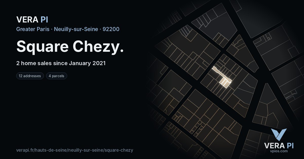 Square Chezy, Neuilly-sur-Seine at night – every parcel coloured by the prices around it, the street's own parcels lit