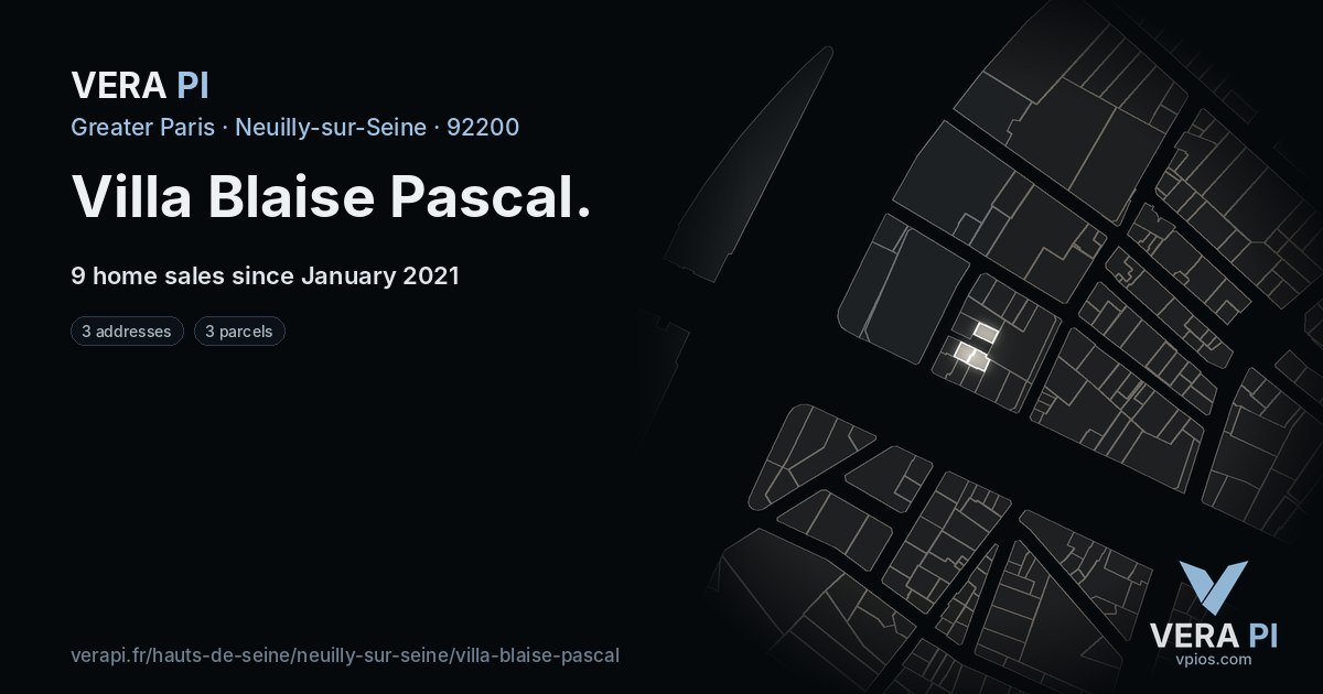 Villa Blaise Pascal, Neuilly-sur-Seine at night – every parcel coloured by the prices around it, the street's own parcels lit