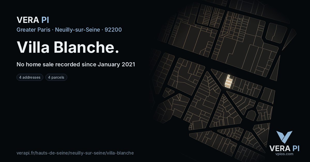 Villa Blanche, Neuilly-sur-Seine at night – every parcel coloured by the prices around it, the street's own parcels lit