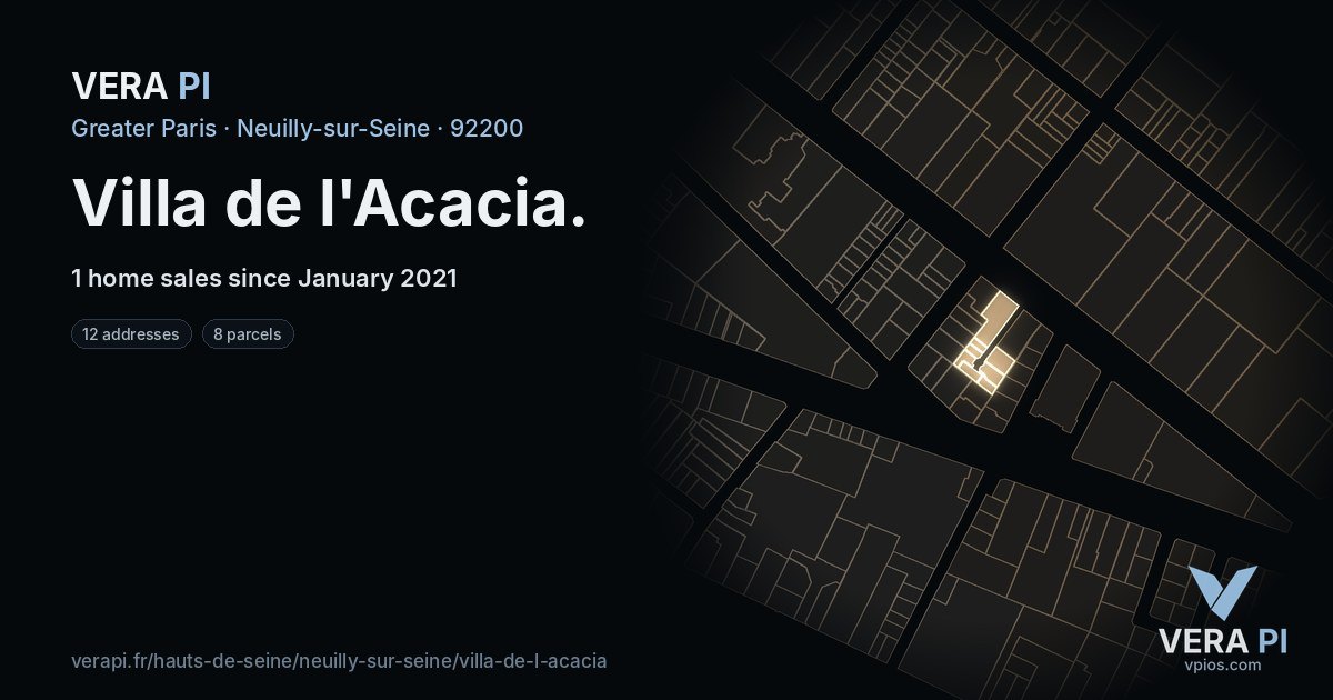 Villa de l'Acacia, Neuilly-sur-Seine at night – every parcel coloured by the prices around it, the street's own parcels lit
