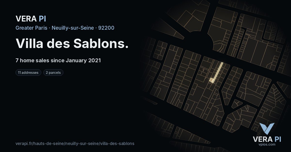 Villa des Sablons, Neuilly-sur-Seine at night – every parcel coloured by the prices around it, the street's own parcels lit