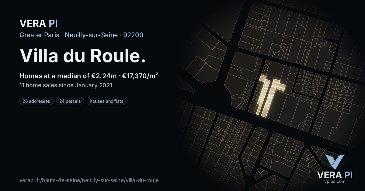 Villa du Roule, Neuilly-sur-Seine at night – every parcel coloured by the prices around it, the street's own parcels lit